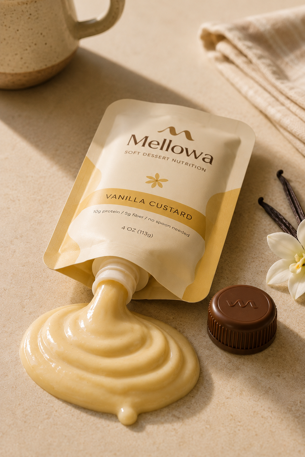 Vanilla custard Mellowa pouring softly into a small bowl