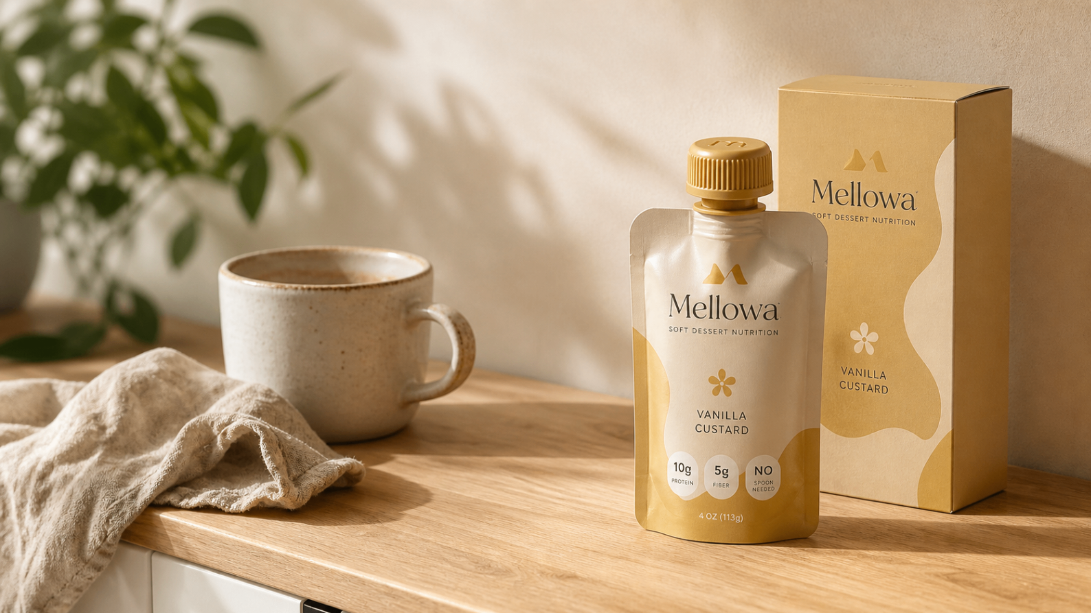 Mellowa pouch on a warm kitchen counter at golden hour